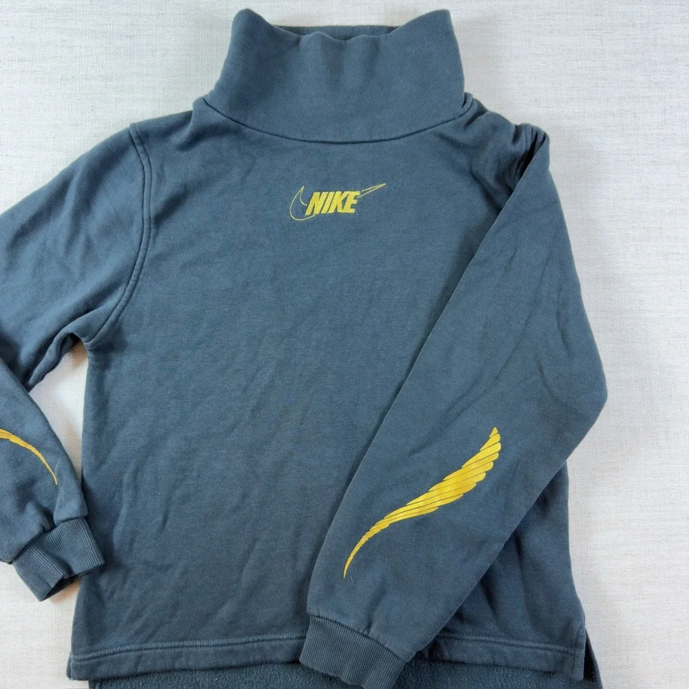 Nike Girls XL Turtleneck Fleece Sweatshirt Blue Gold Graphic High Low Pullover